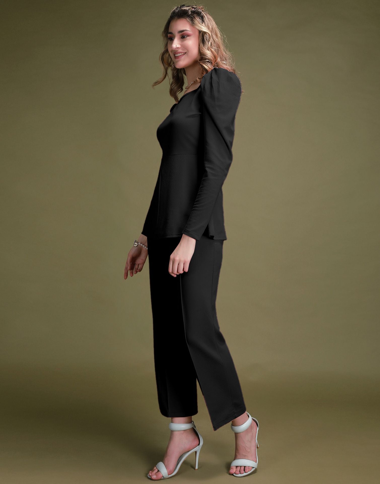 Black Puff Sleeve Solid Co-Ords Set | Sudathi