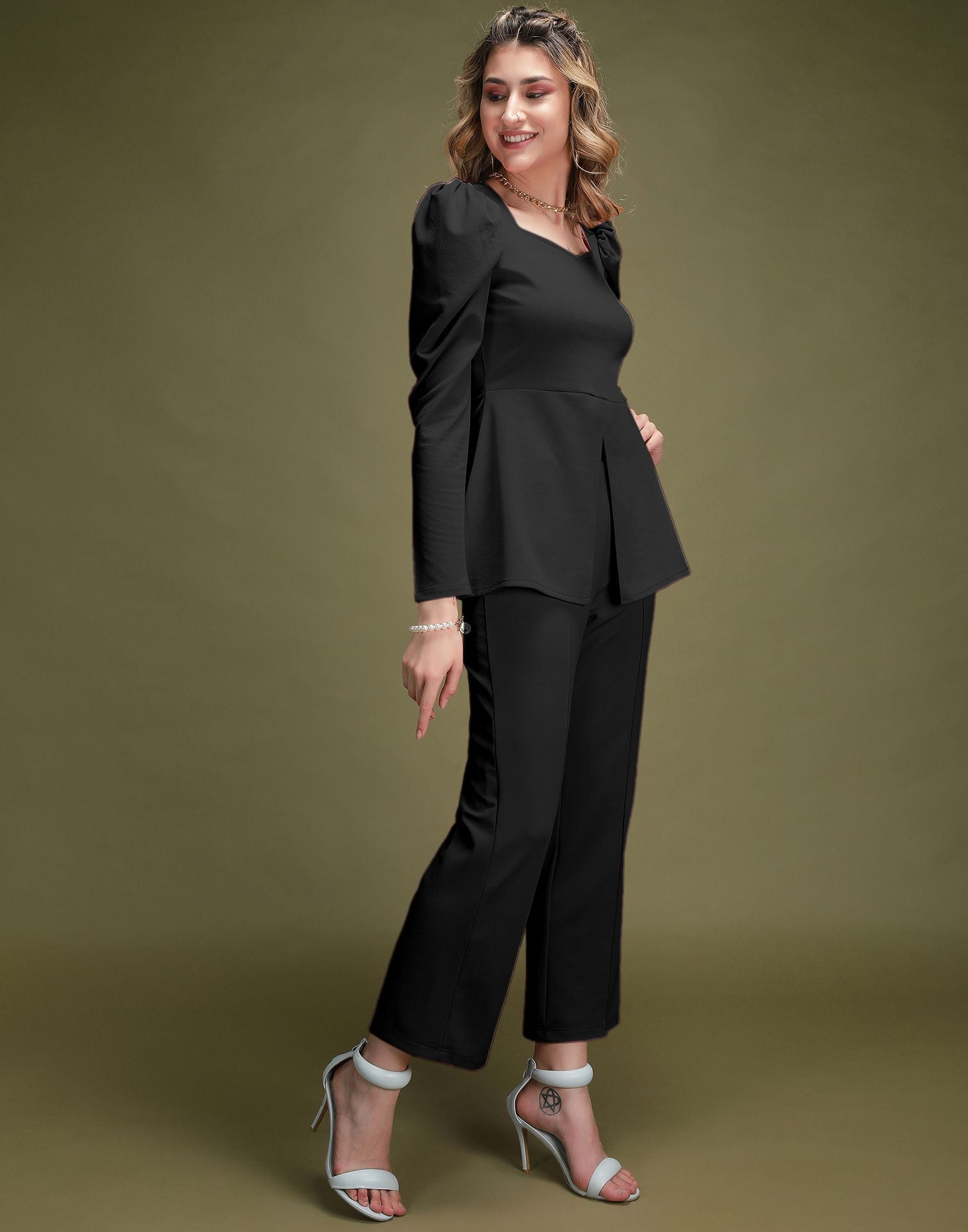 Black Puff Sleeve Solid Co-Ords Set | Sudathi