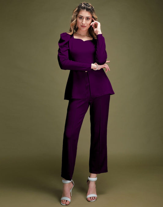 Purple Puff Sleeve Solid Co-Ords Set | Sudathi