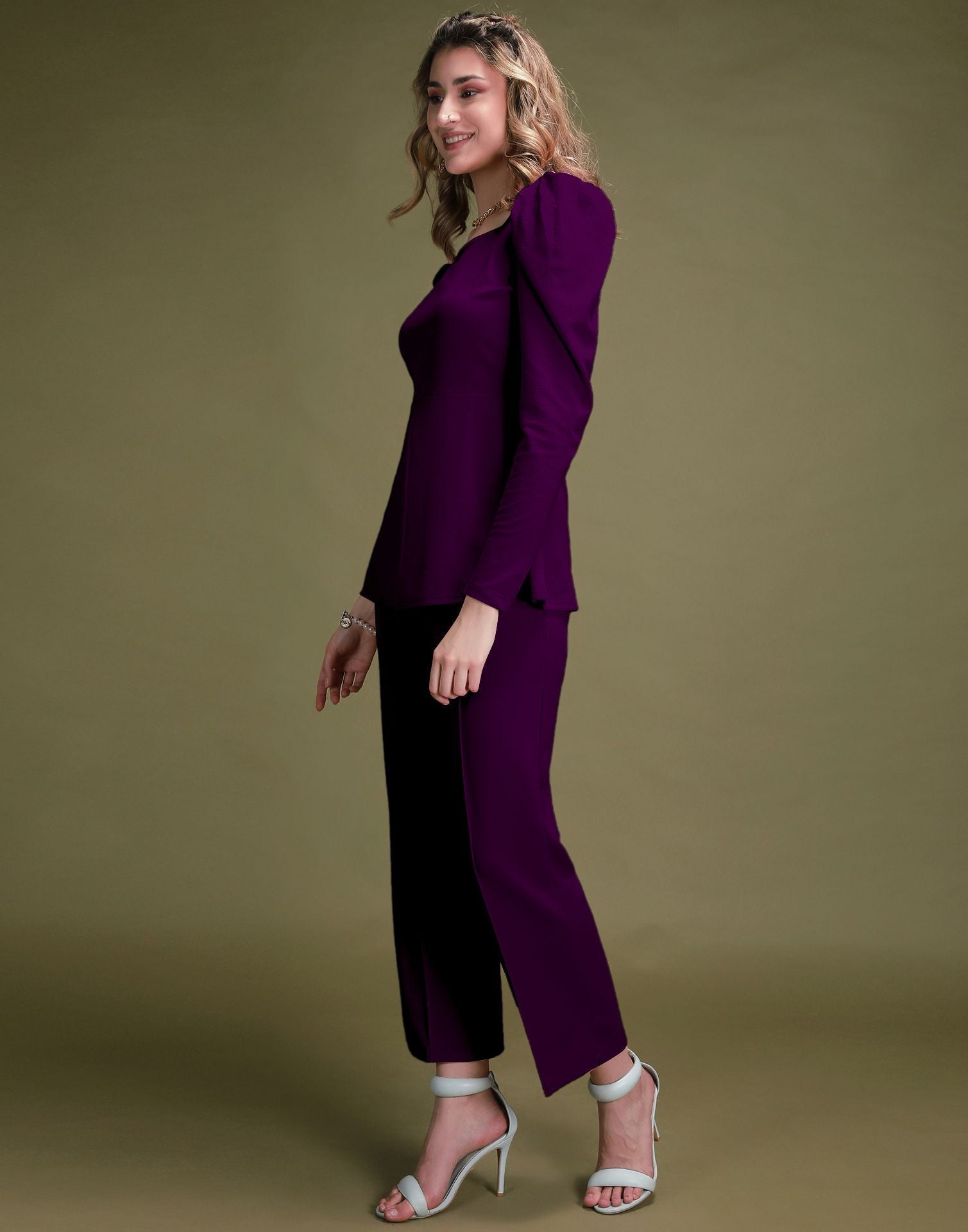Purple Puff Sleeve Solid Co-Ords Set | Sudathi