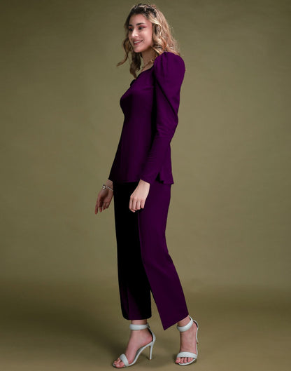 Purple Puff Sleeve Solid Co-Ords Set | Sudathi