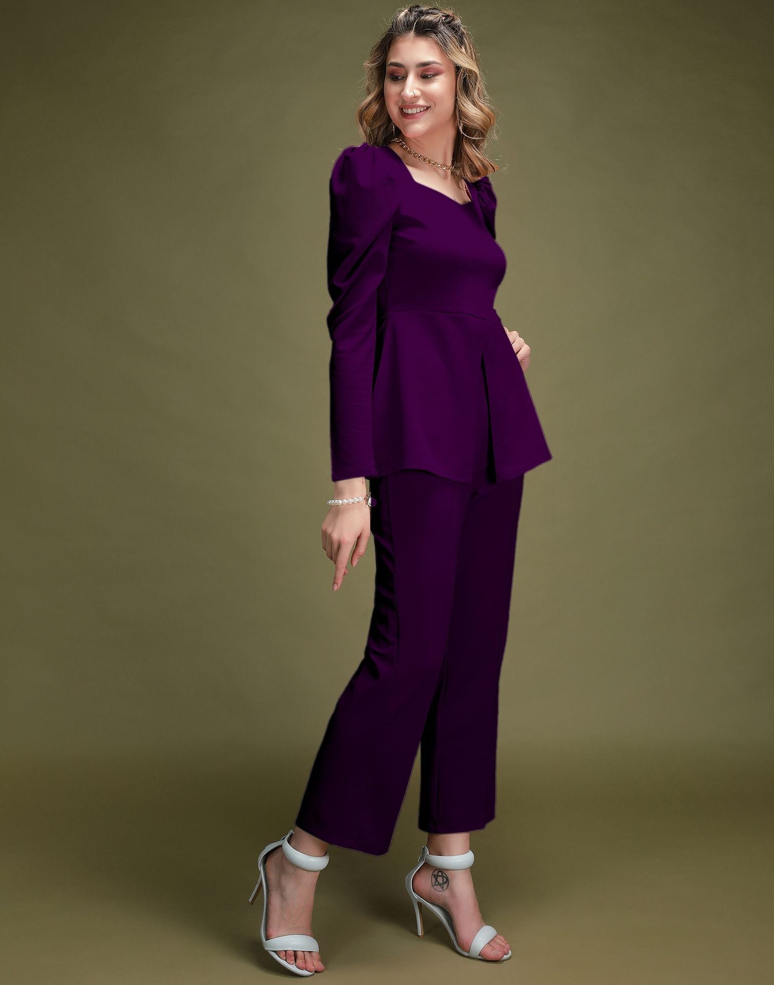 Purple Puff Sleeve Solid Co-Ords Set | Sudathi