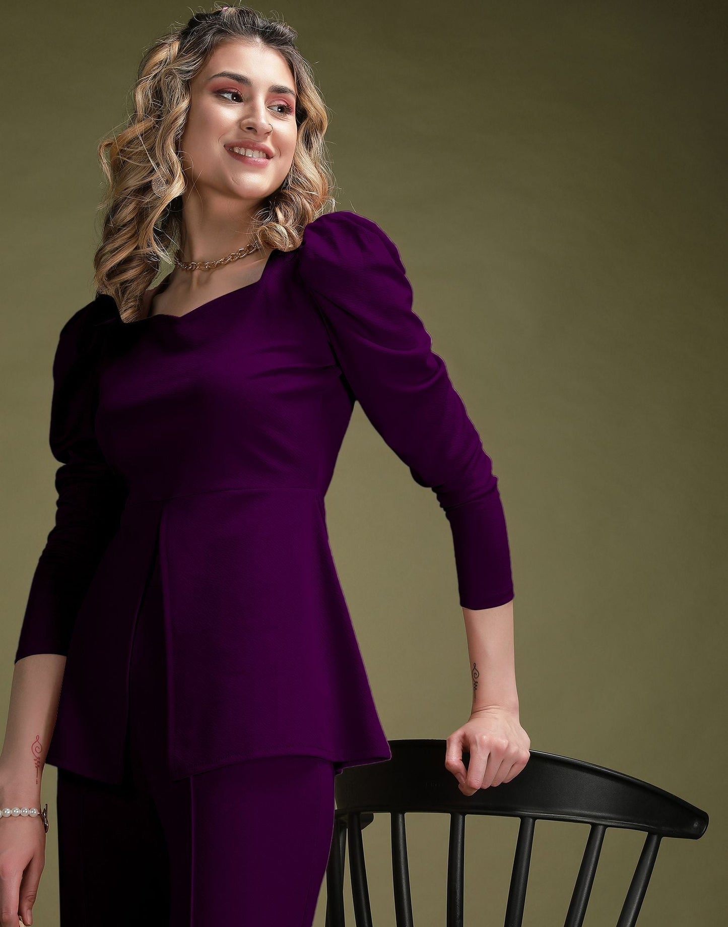 Purple Puff Sleeve Solid Co-Ords Set | Sudathi