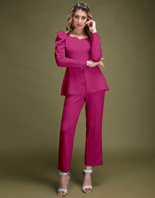 Fuchsia Pink Puff Sleeve Solid Co-Ords Set | Sudathi