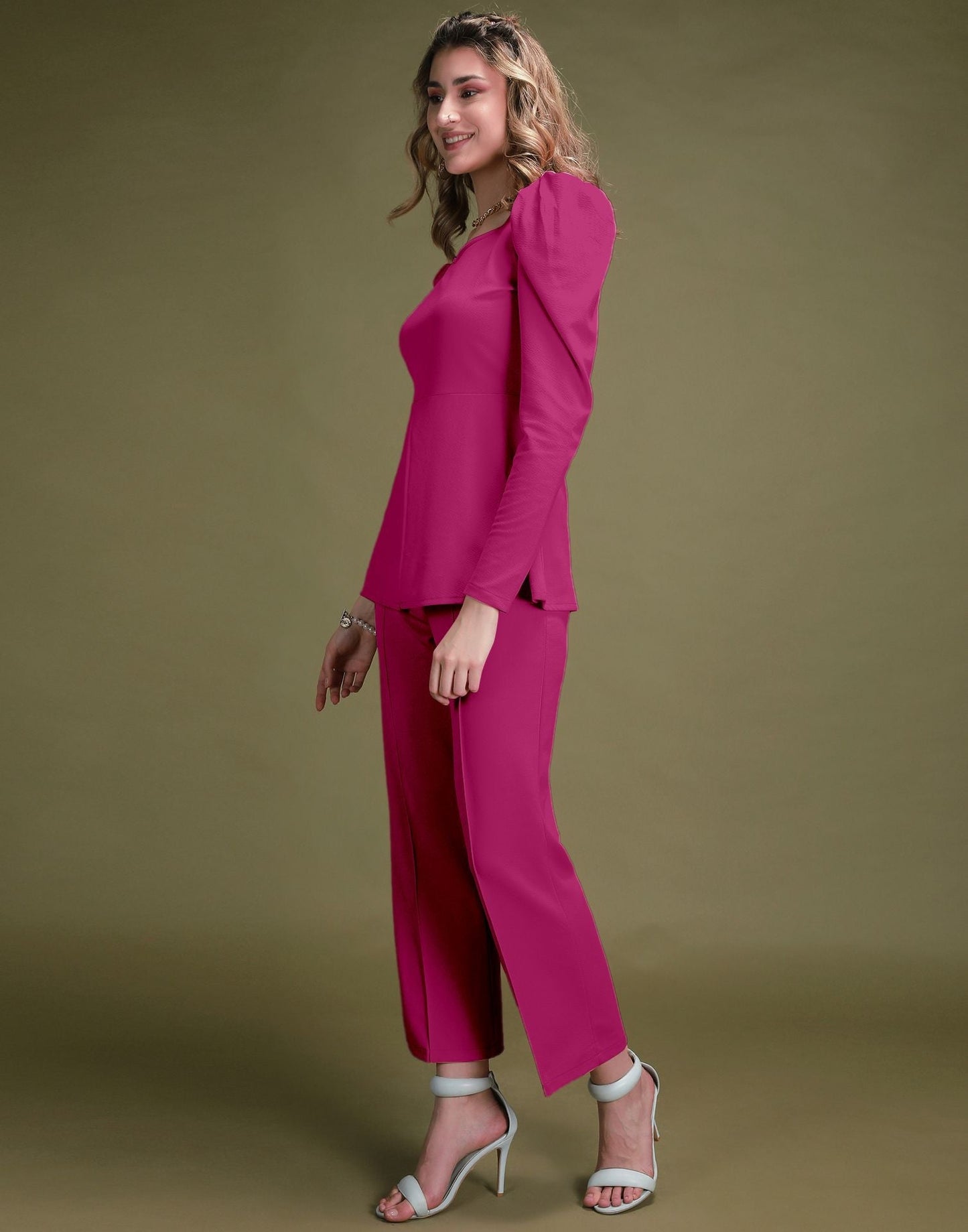 Fuchsia Pink Puff Sleeve Solid Co-Ords Set | Sudathi