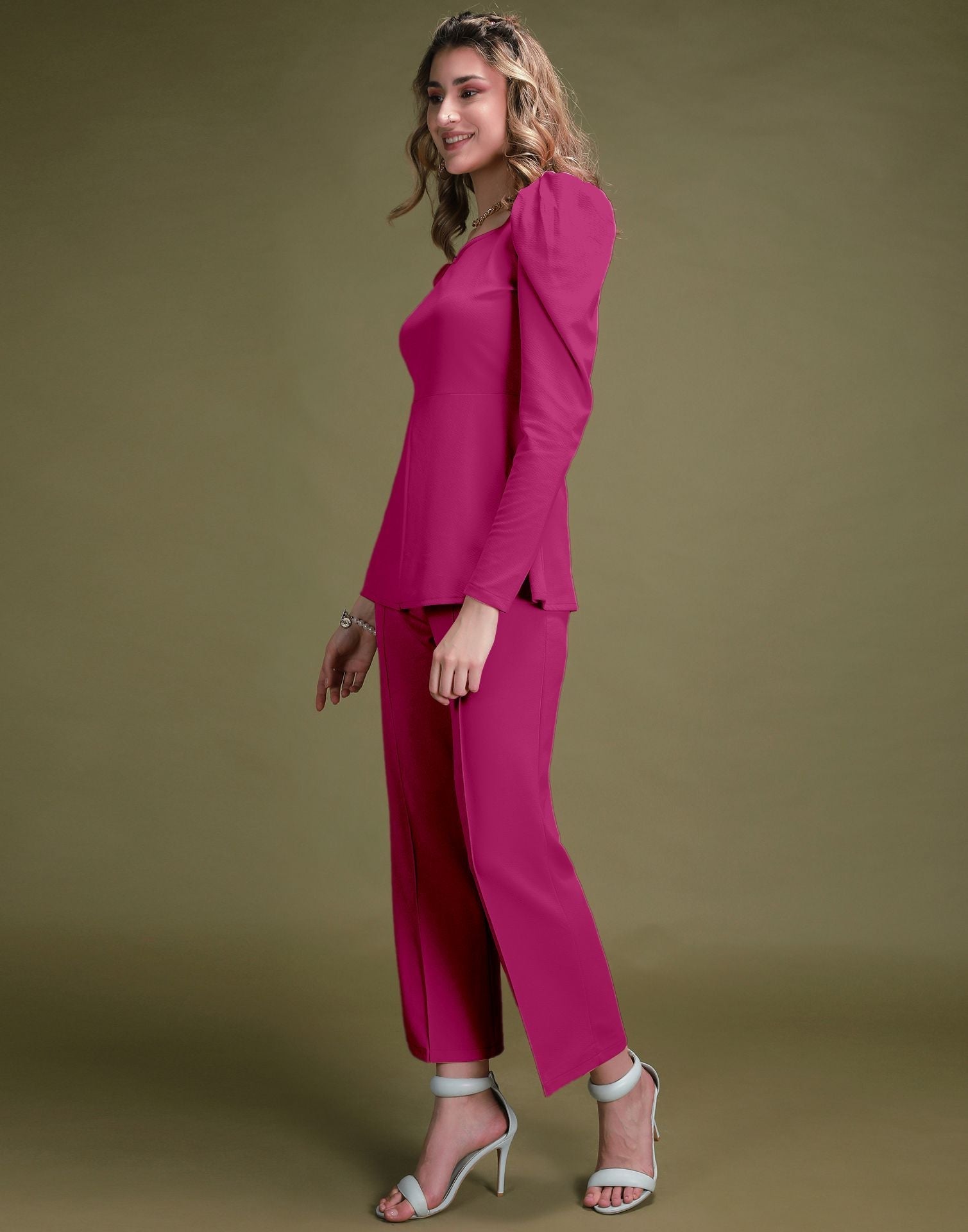 Fuchsia Pink Puff Sleeve Solid Co-Ords Set | Sudathi