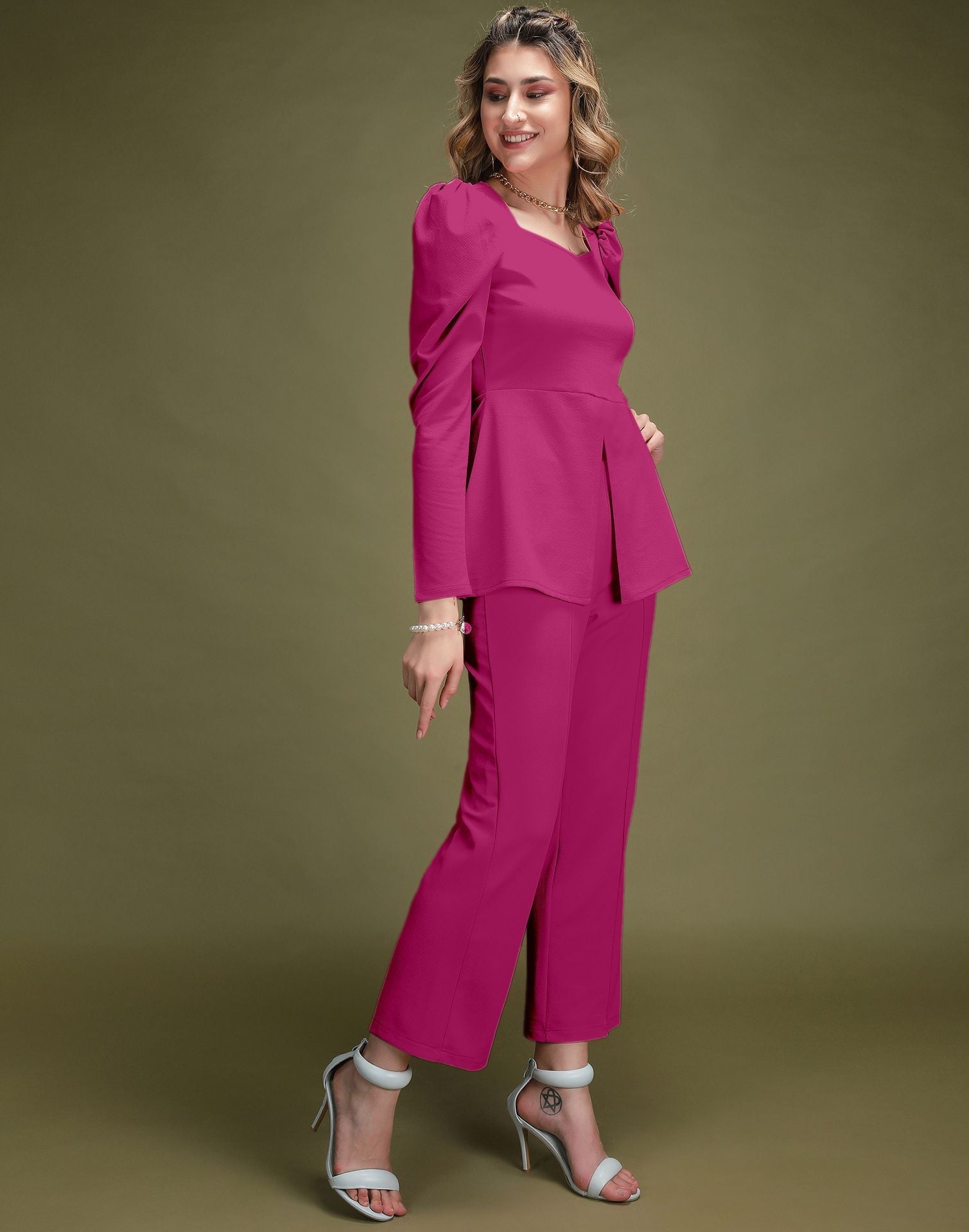 Fuchsia Pink Puff Sleeve Solid Co-Ords Set | Sudathi