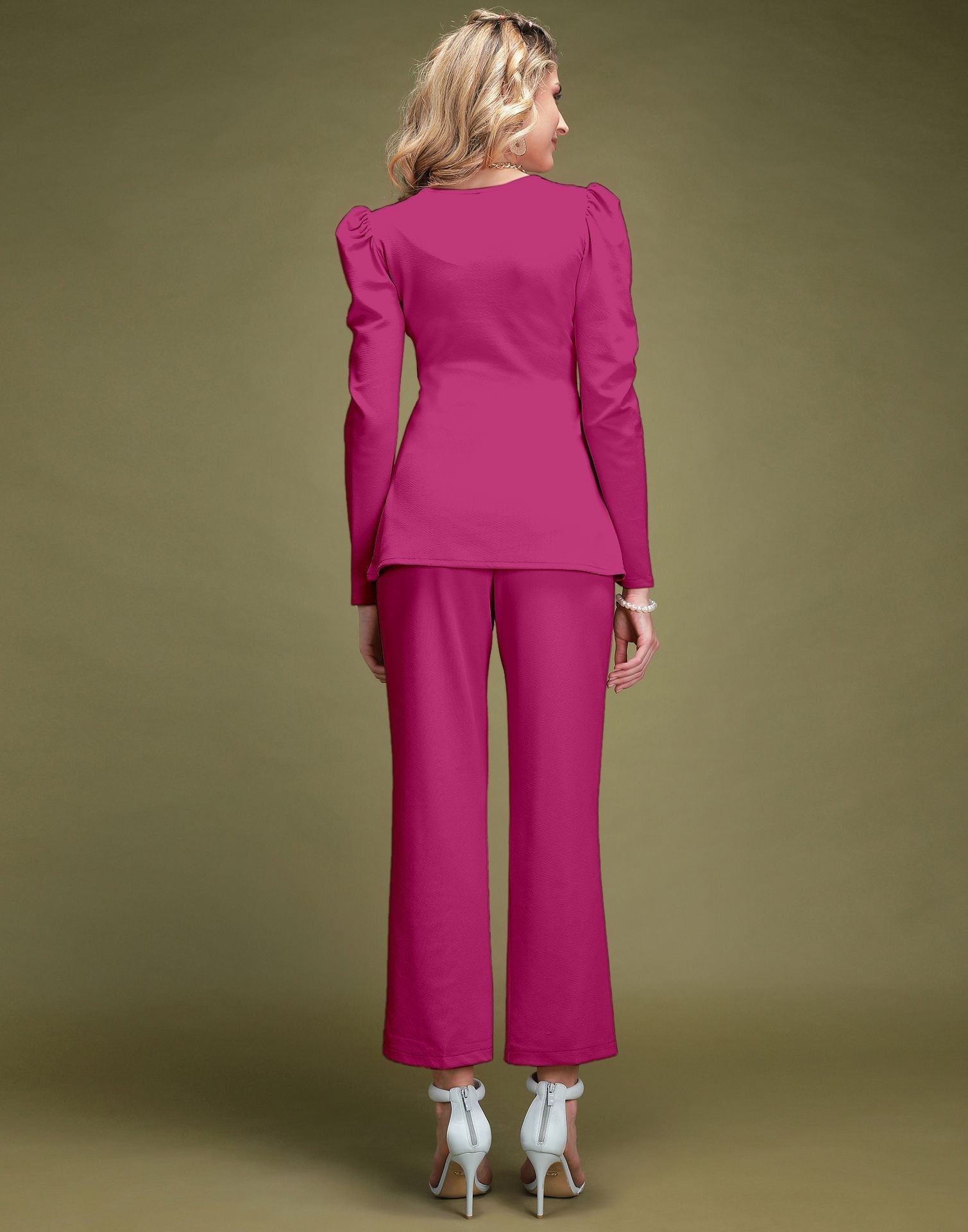 Fuchsia Pink Puff Sleeve Solid Co-Ords Set | Sudathi