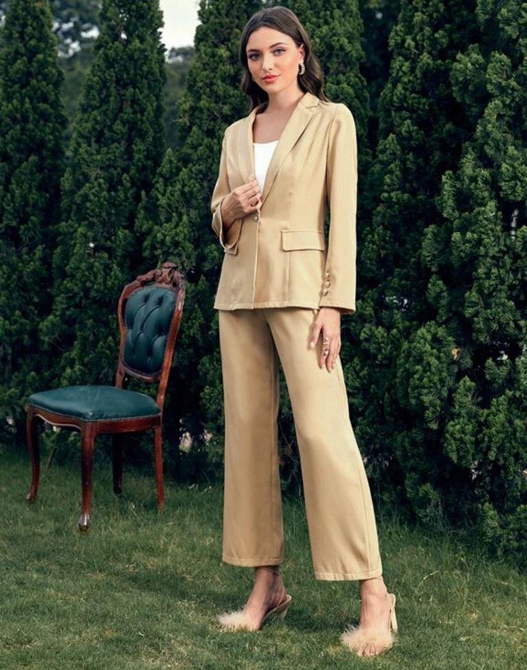 Beige Single Button Blazer With Cami Top & Tailored Pant | Leemboodi