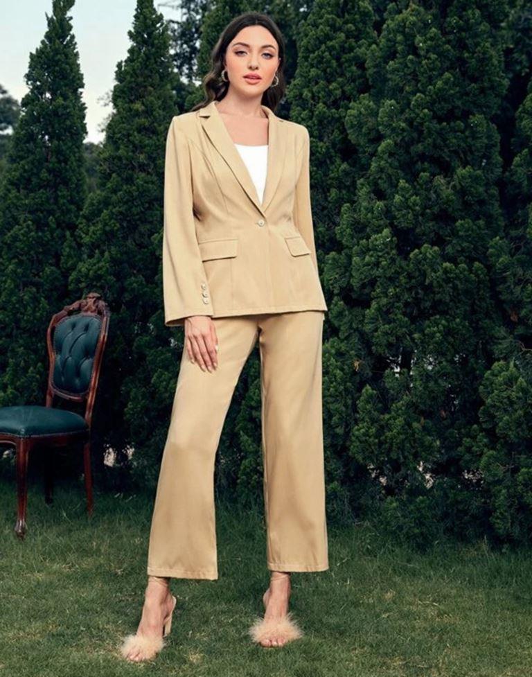 Beige Single Button Blazer With Cami Top & Tailored Pant | Leemboodi