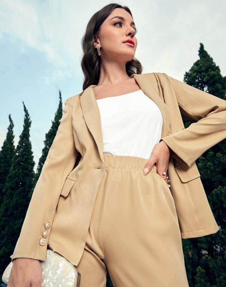 Beige Single Button Blazer With Cami Top & Tailored Pant | Leemboodi