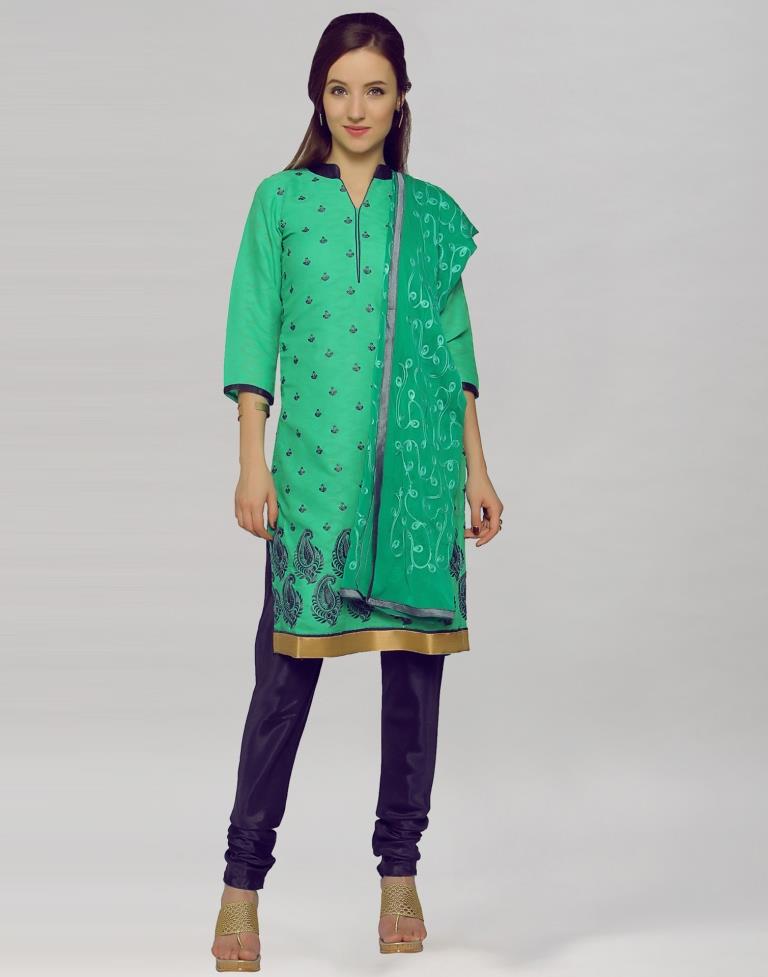 Green Brasso Cotton Embroidered Unstitched Salwar Suit | Sudathi