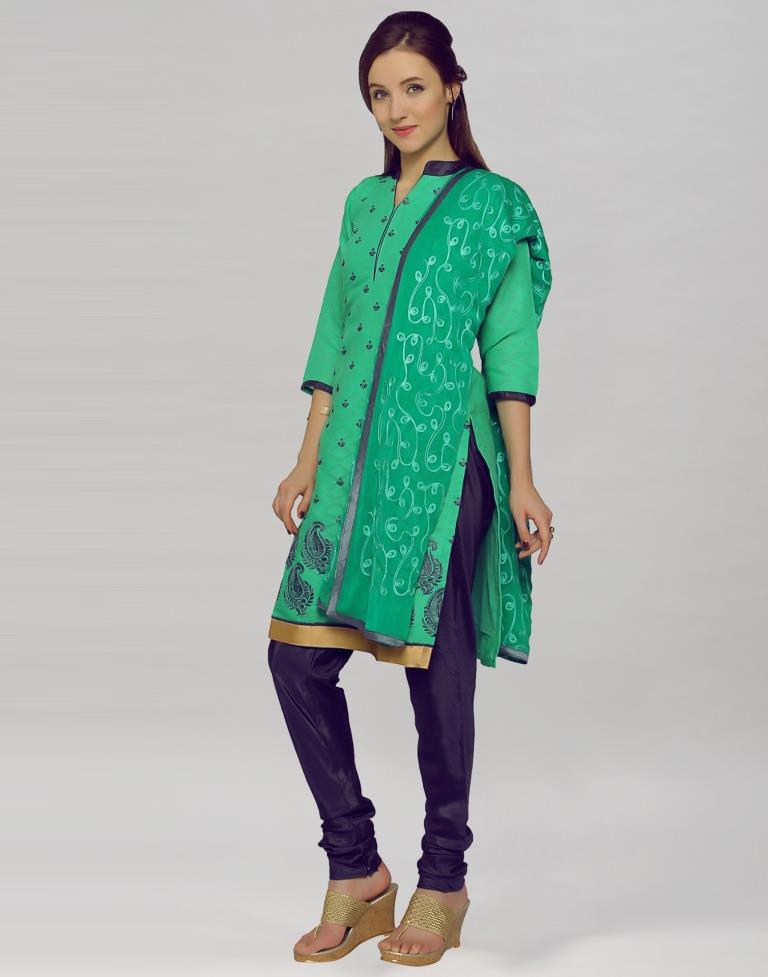 Green Brasso Cotton Embroidered Unstitched Salwar Suit | Sudathi