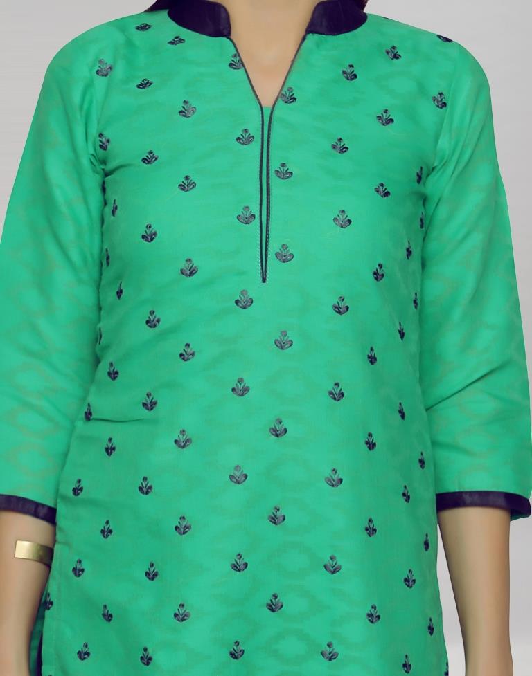 Green Brasso Cotton Embroidered Unstitched Salwar Suit | Sudathi