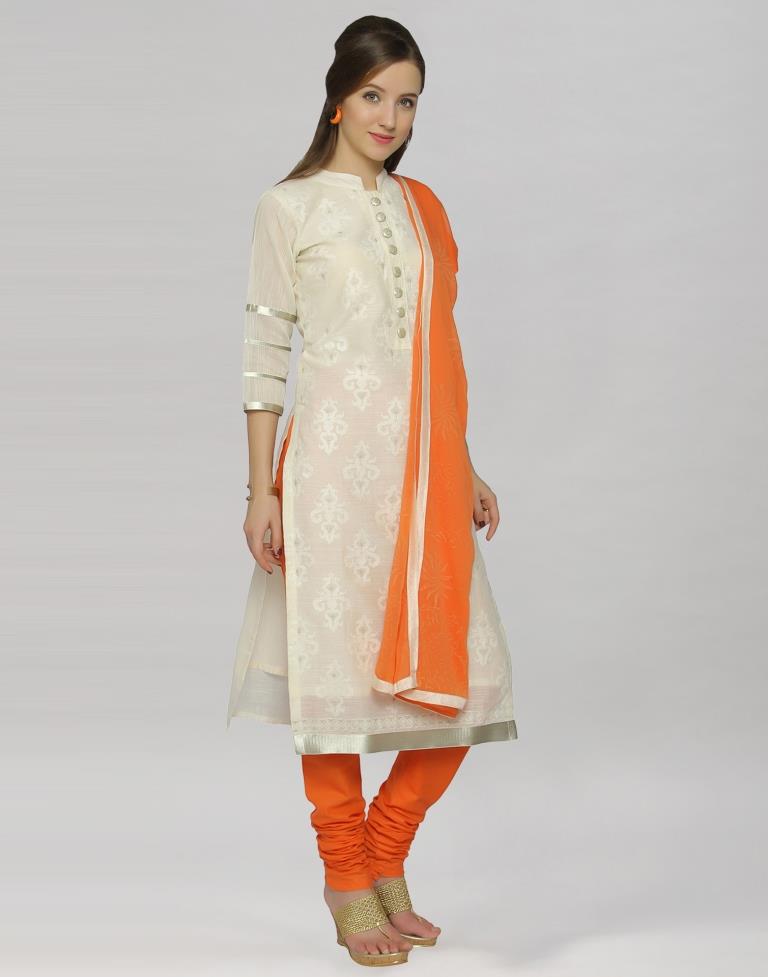 Off White Cotton Embroidered Unstitched Salwar Suit | Sudathi