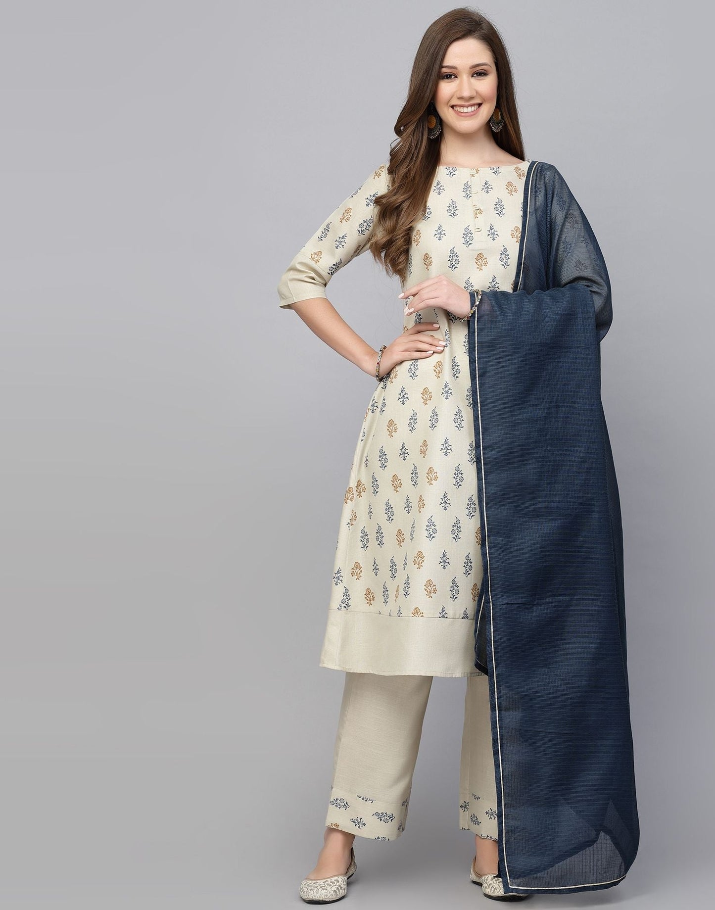 Cream Cotton Printed Kurti With Pant And Dupatta | Sudathi