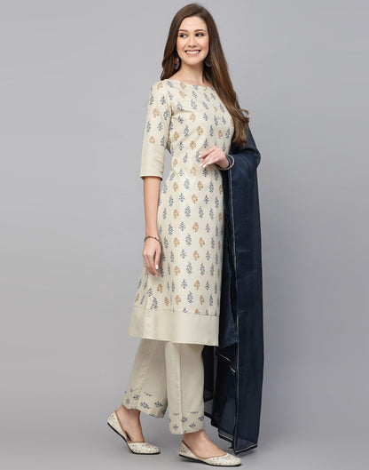 Cream Cotton Printed Kurti With Pant And Dupatta | Sudathi