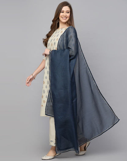 Cream Cotton Printed Kurti With Pant And Dupatta | Sudathi