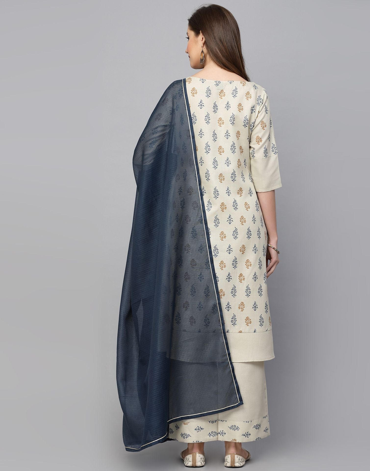 Cream Cotton Printed Kurti With Pant And Dupatta | Sudathi