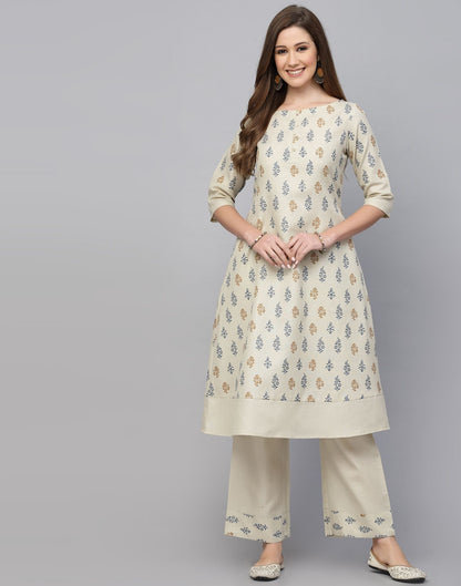 Cream Cotton Printed Kurti With Pant And Dupatta | Sudathi