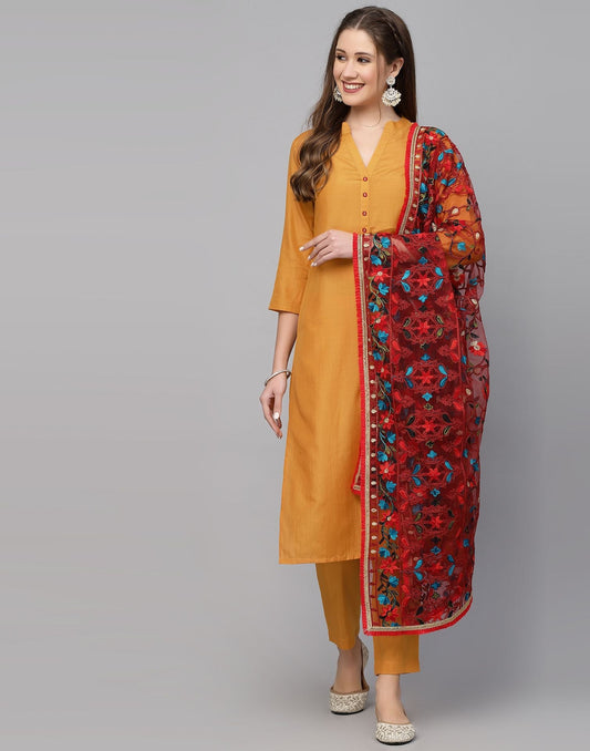 Yellow Plain Kurti With Pant And Dupatta | Leemboodi