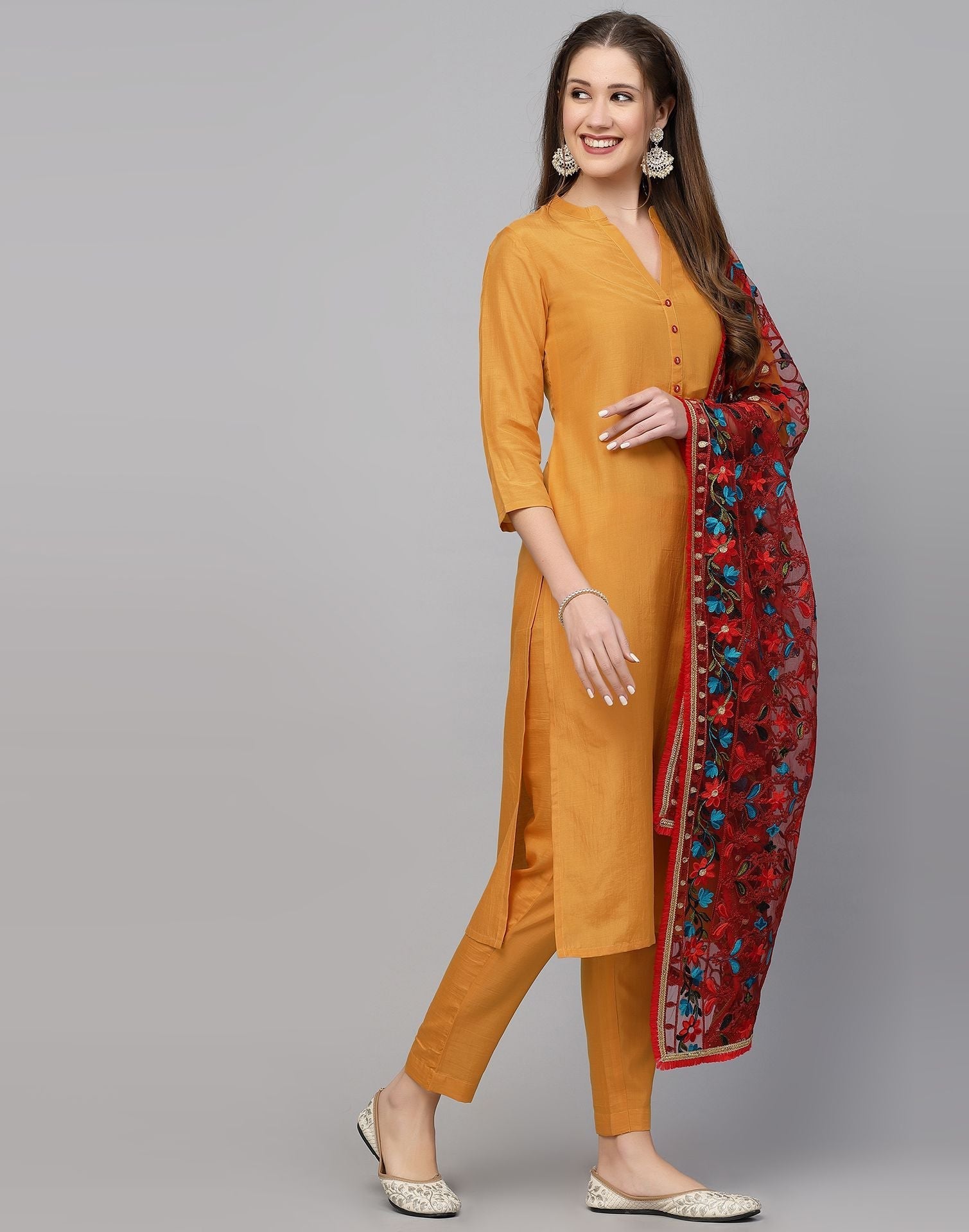 Yellow Plain Kurti With Pant And Dupatta | Leemboodi