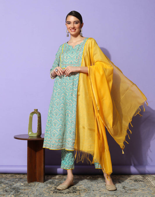 Sky Blue Printed Kurta with Pant and Dupatta | Leemboodi