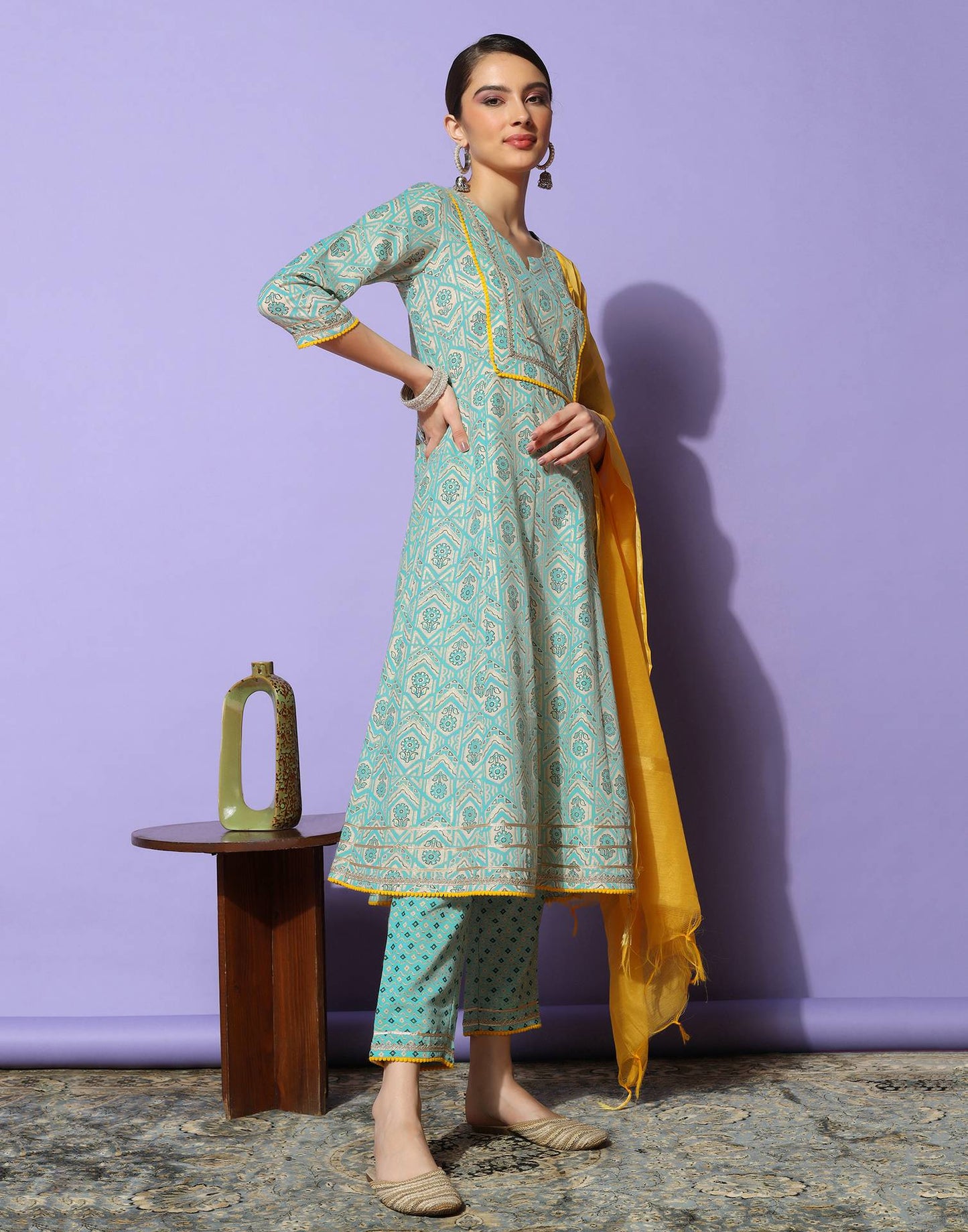 Sky Blue Printed Kurta with Pant and Dupatta | Leemboodi