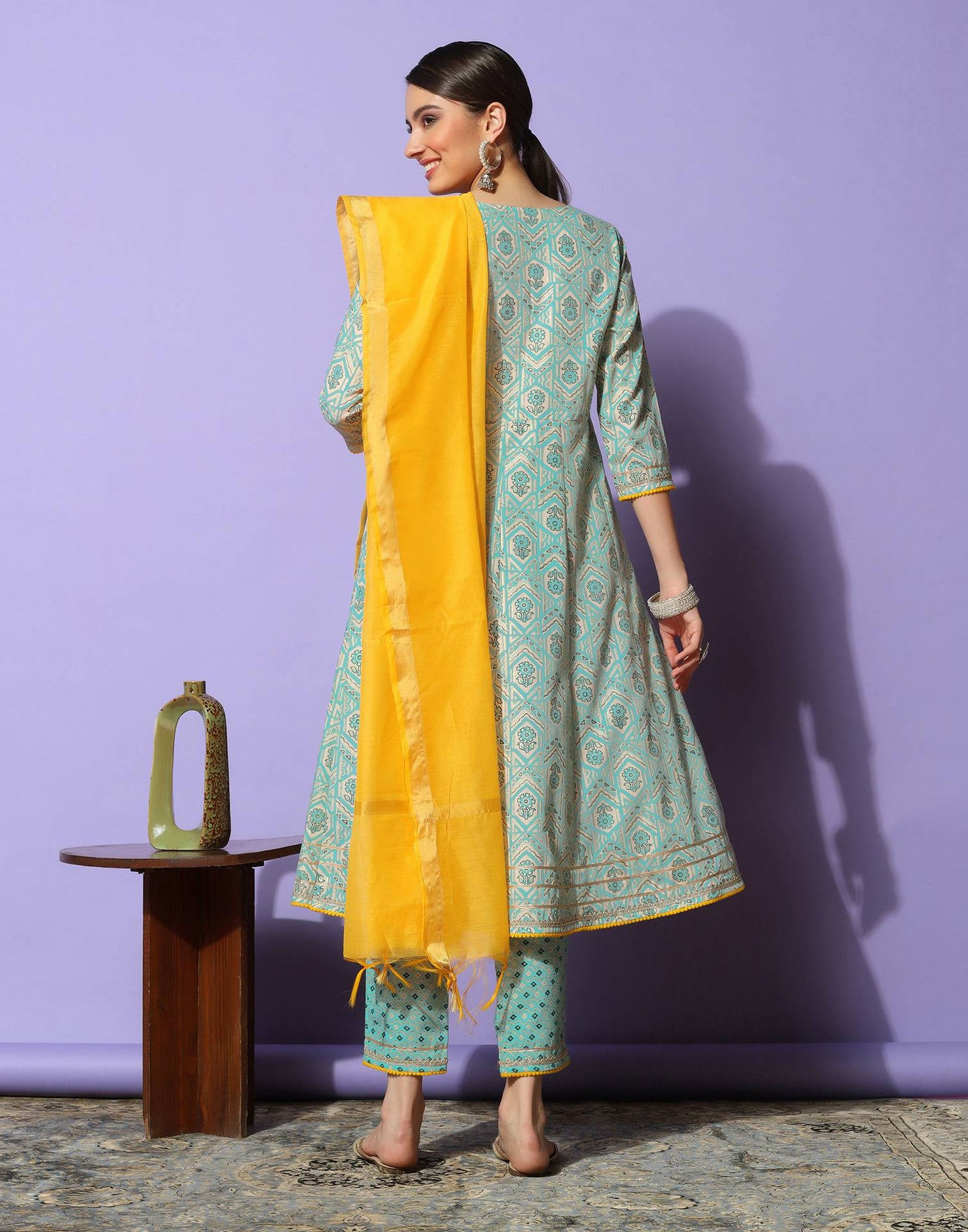 Sky Blue Printed Kurta with Pant and Dupatta | Leemboodi