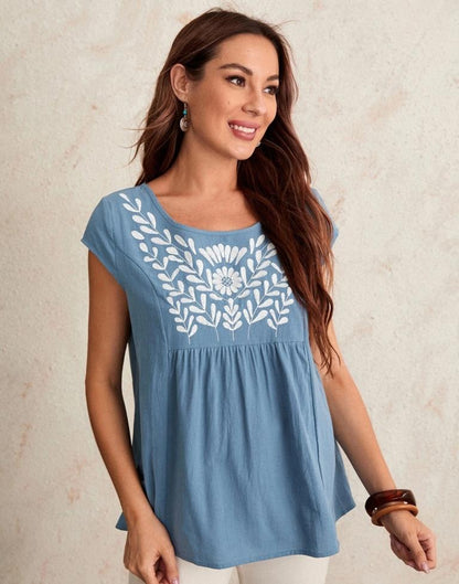 Light Blue Cotton Embroidery Top | Sudathi