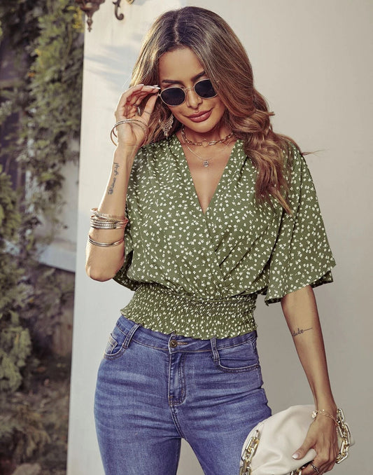 Green Butterfly Sleeve Printed Top | Sudathi