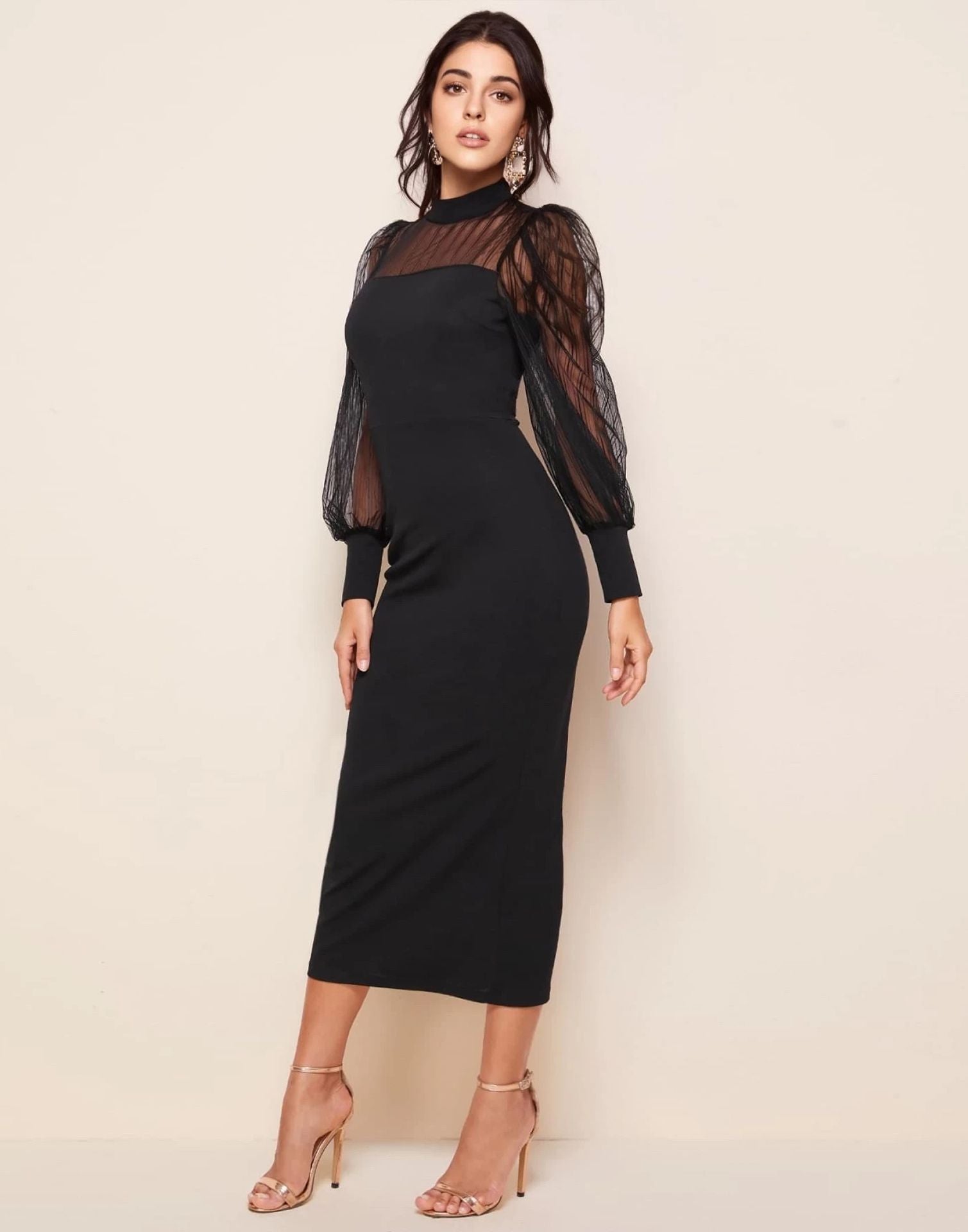 Black Bishop Sleeve Bodycon Dress | Leemboodi