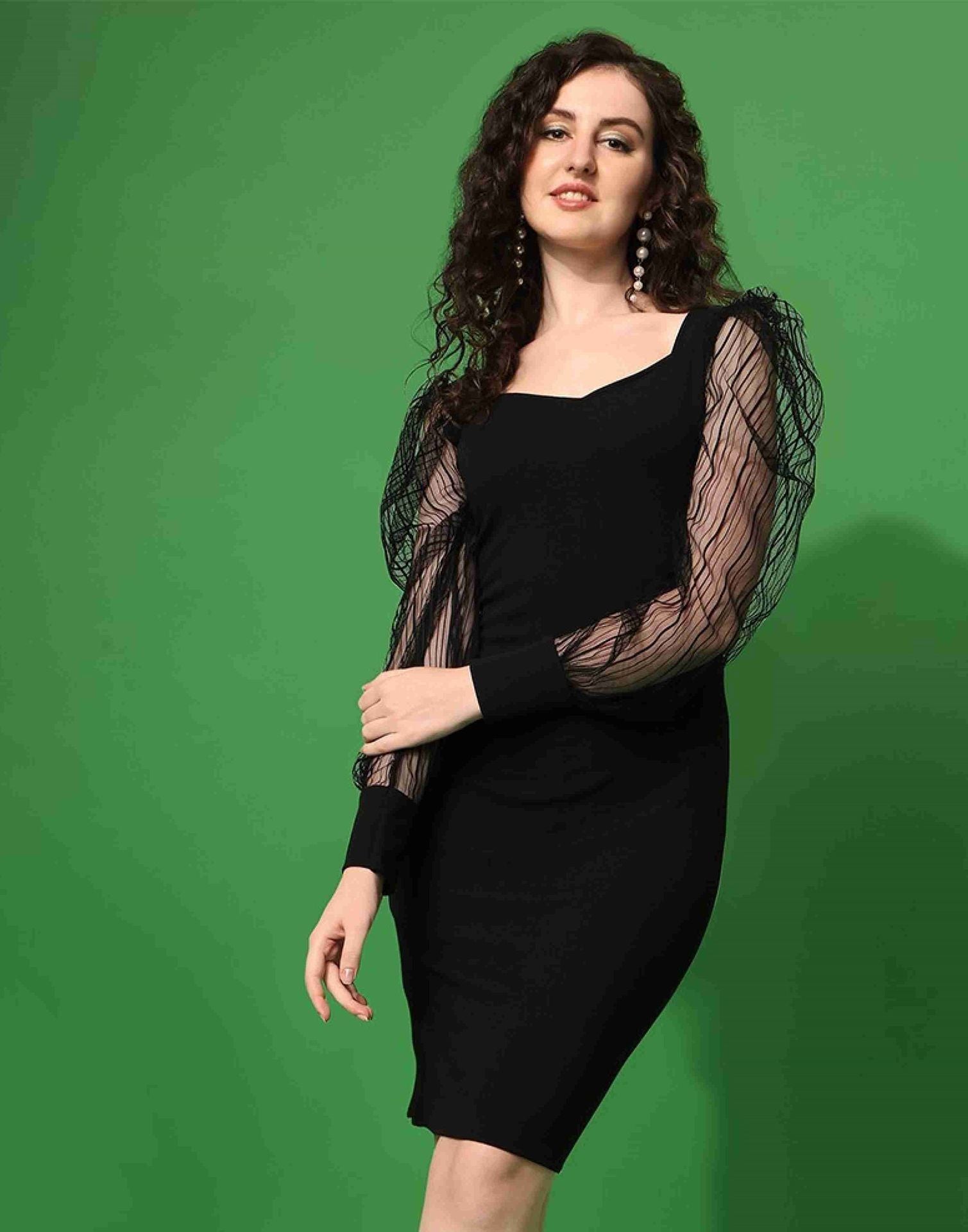 Black Puff Sleeve Bodycon Dress | Sudathi