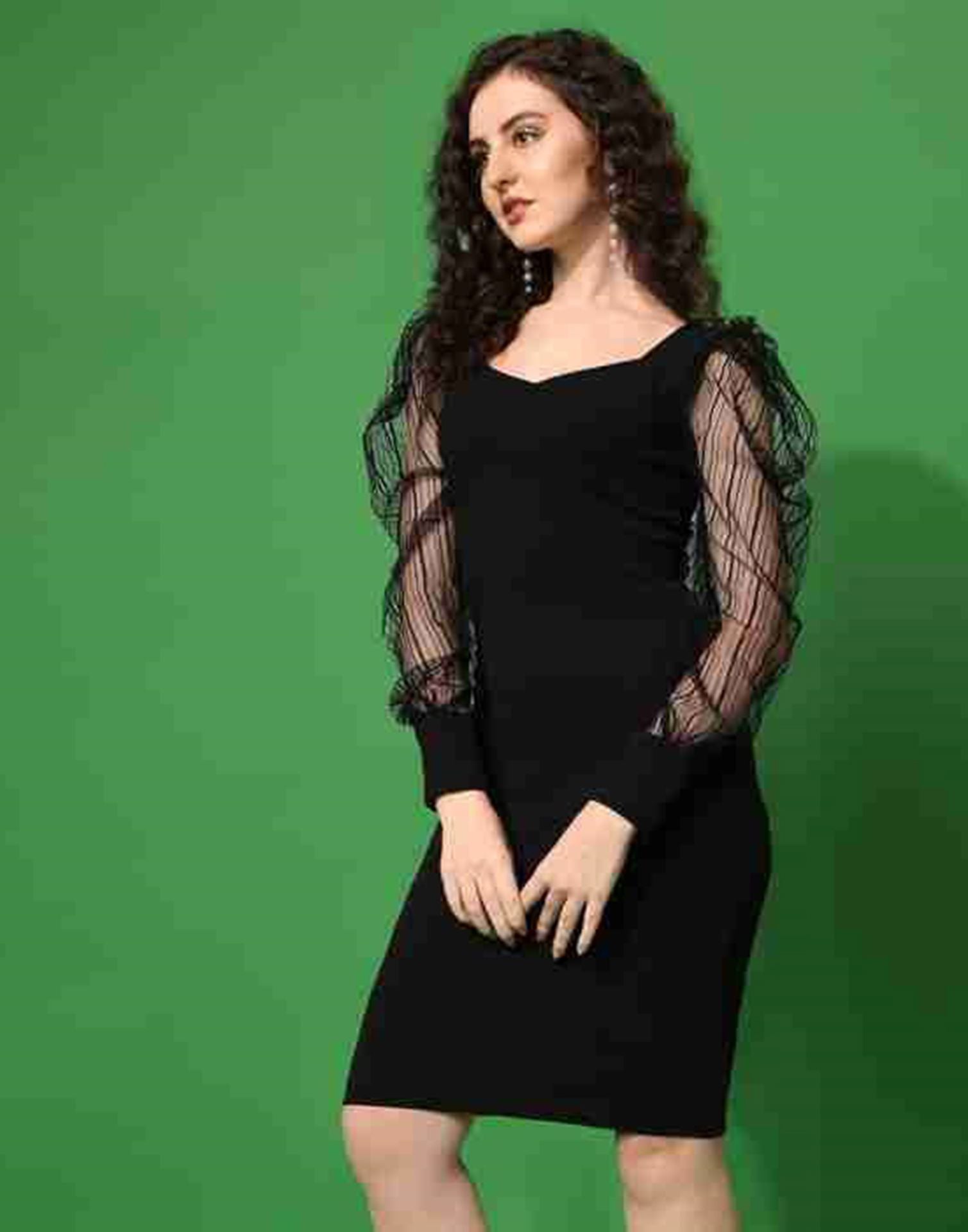 Black Puff Sleeve Bodycon Dress | Sudathi