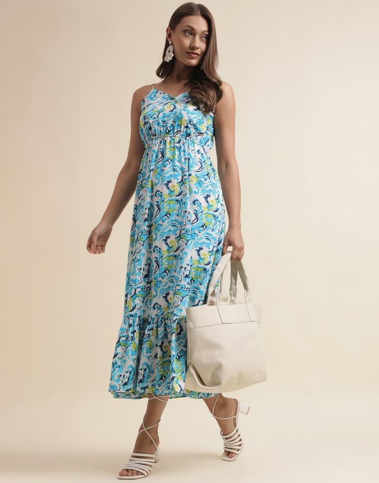 Sky Blue Printed Flared Dress