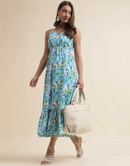 Sky Blue Printed Flared Dress