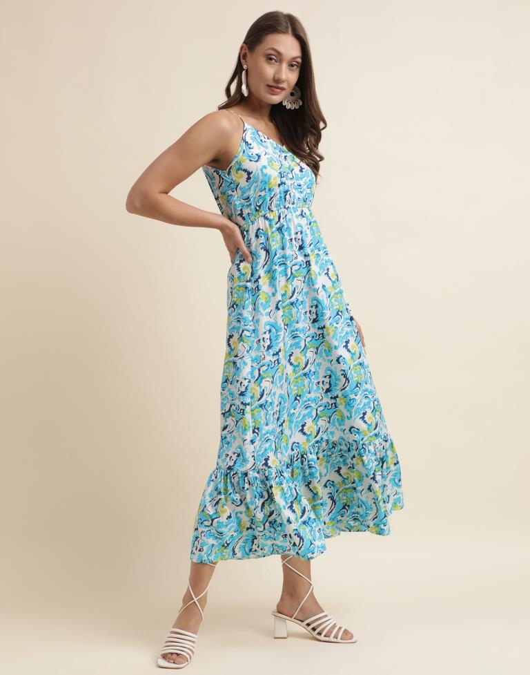 Sky Blue Printed Flared Dress