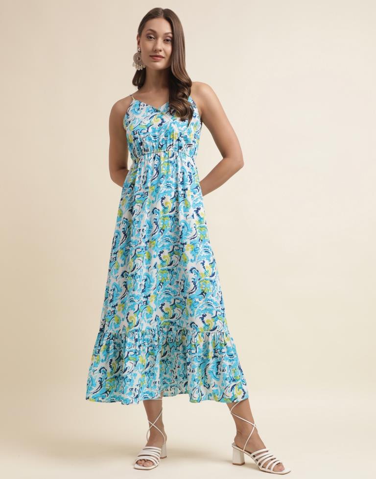 Sky Blue Printed Flared Dress