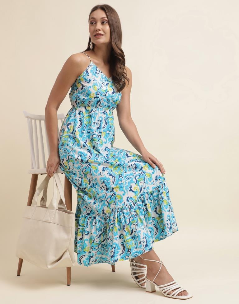 Sky Blue Printed Flared Dress