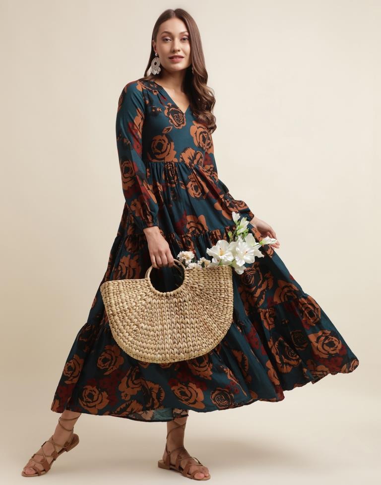 Navy Blue Printed Flared Dress | Sudathi
