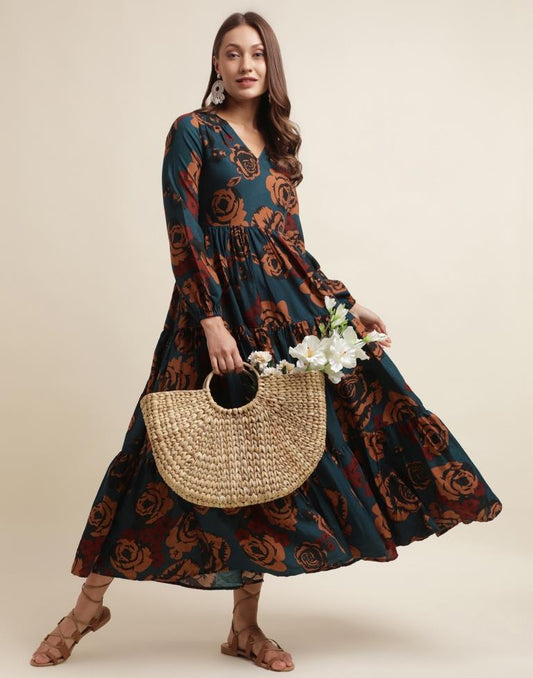 Navy Blue Printed Flared Dress | Sudathi