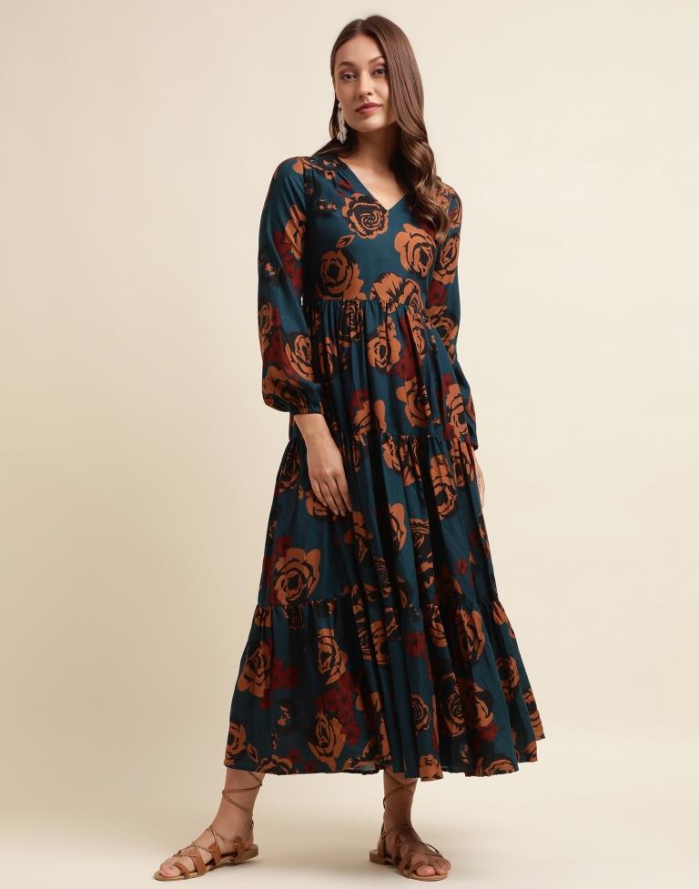 Navy Blue Printed Flared Dress | Sudathi