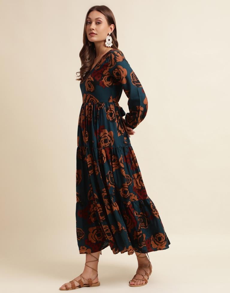 Navy Blue Printed Flared Dress | Sudathi