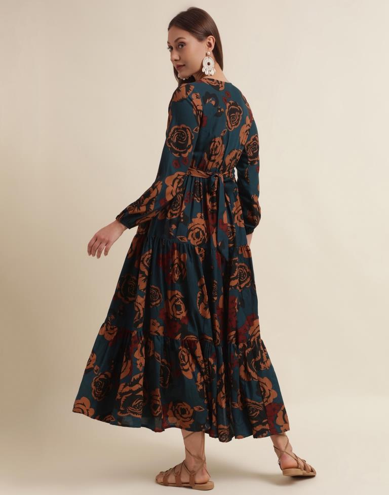 Navy Blue Printed Flared Dress | Sudathi