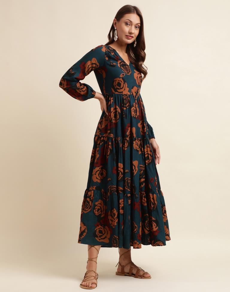 Navy Blue Printed Flared Dress | Sudathi