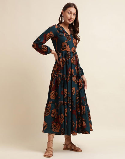Navy Blue Printed Flared Dress | Sudathi