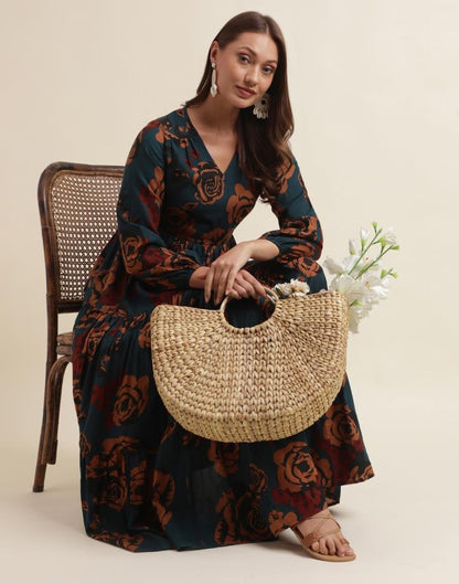 Navy Blue Printed Flared Dress | Sudathi