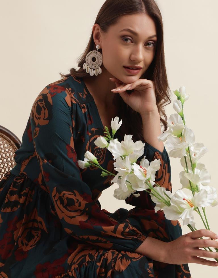 Navy Blue Printed Flared Dress | Sudathi
