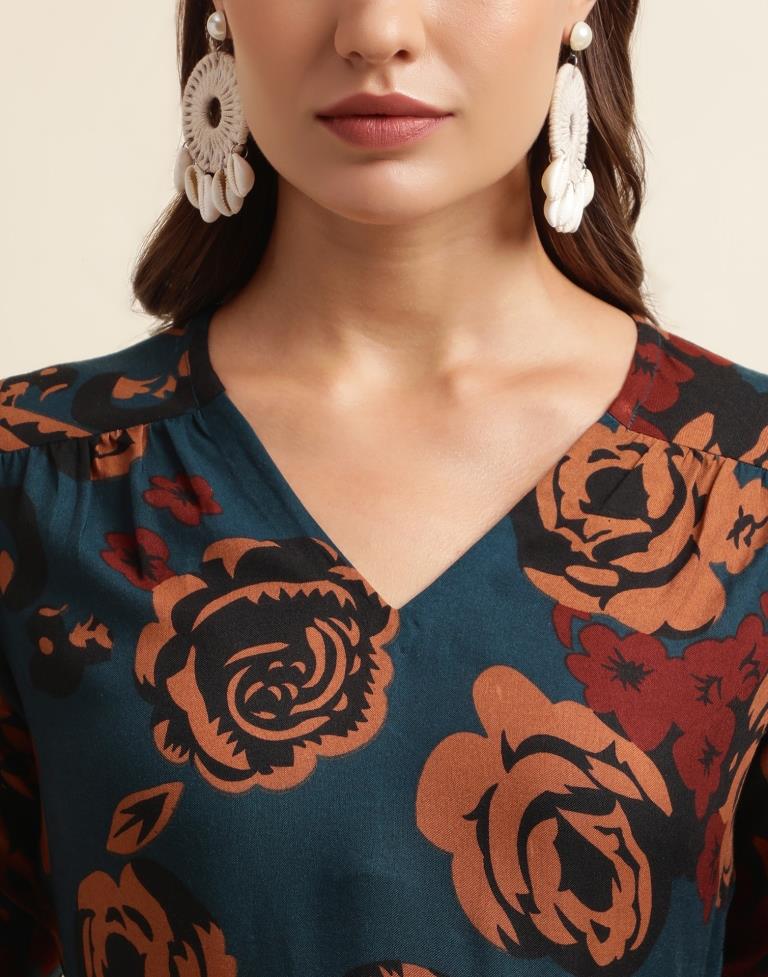 Navy Blue Printed Flared Dress | Sudathi