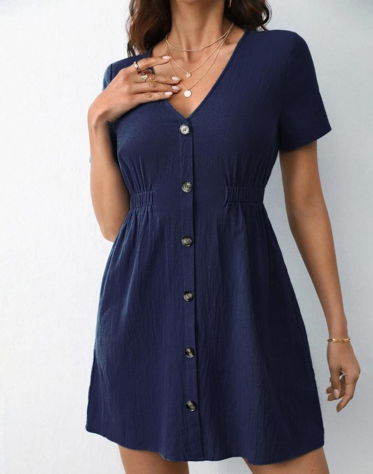 Navy Blue Rayon Plain Dress